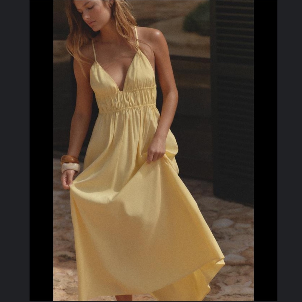ZARA Butter Yellow Flowy Midi Dress XS Maxi A-line Sundress Strappy Open Back - Picture 3 of 15